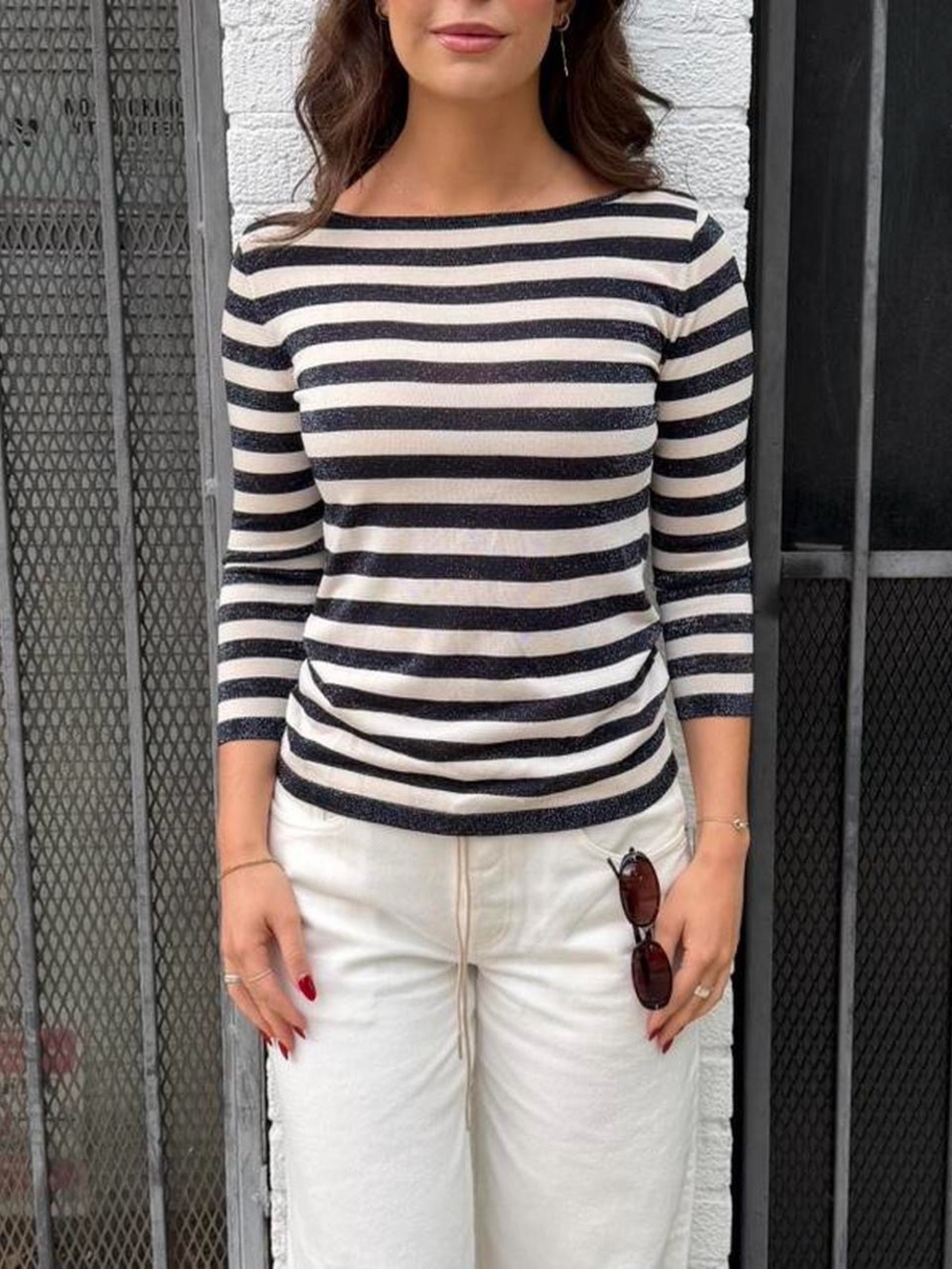 Ellen Tracy black and white striped top with glittery stripes Size S #glamour